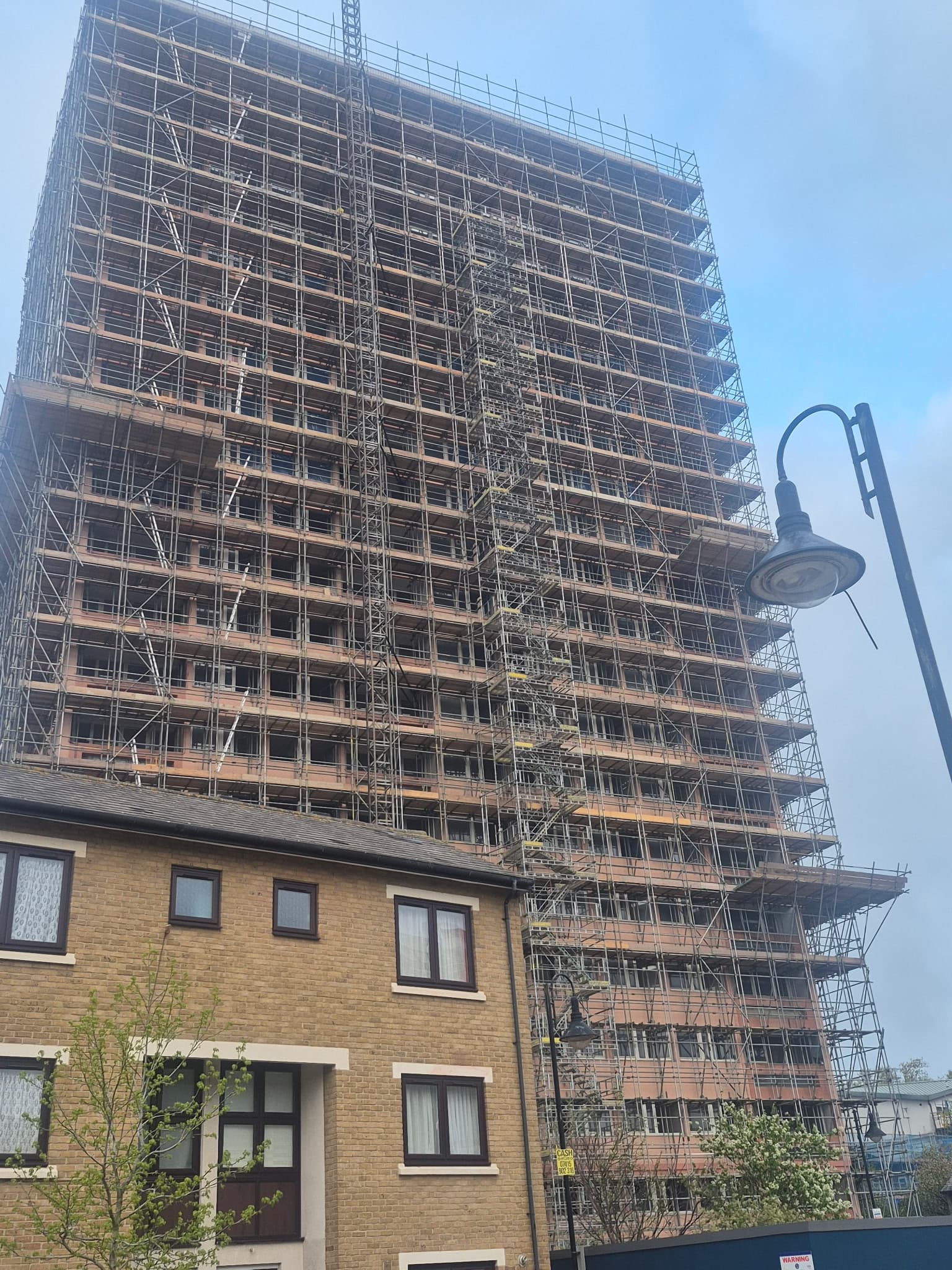 Extensive scaffolding installed around Clare House in Bow